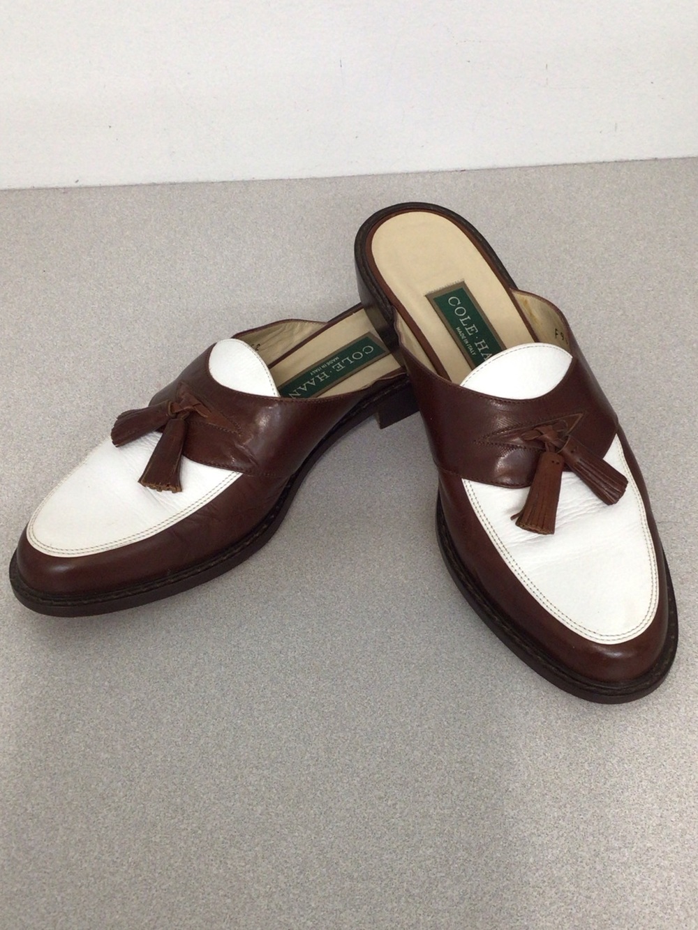 Cole Haan Brown and White Tassel Slip-On Loafers